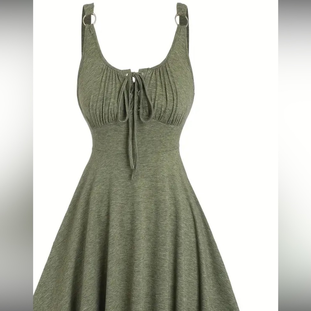 Olive Green Sleeveless A-Line Dress with Tie Front